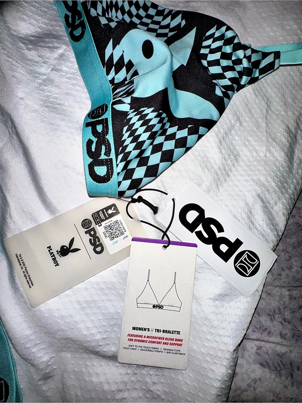 PSD x Playboy Warp Checks Bralette and Boyshort Set Black & Teal Blue XL - Picture 6 of 12